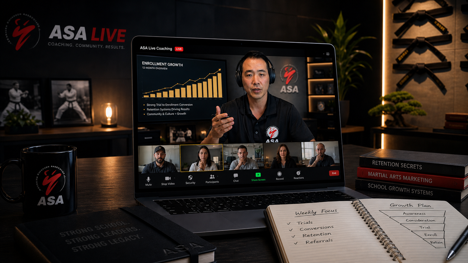 School owner on ASA Live Zoom coaching call taking notes on growth plan