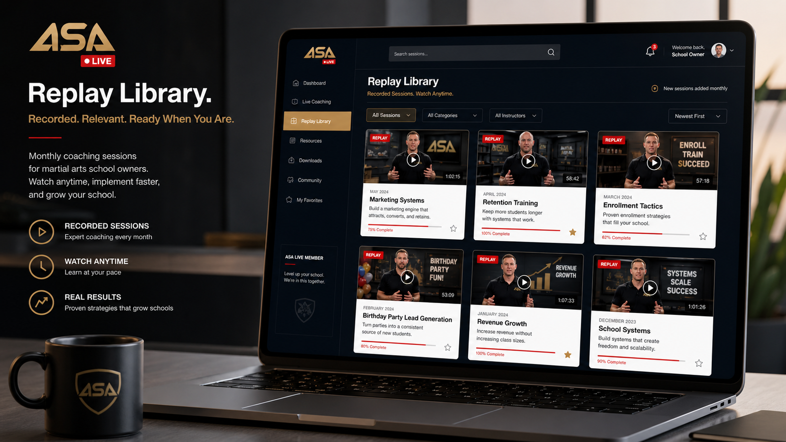 ASA Live Replay Library — recorded coaching sessions for martial arts school owners